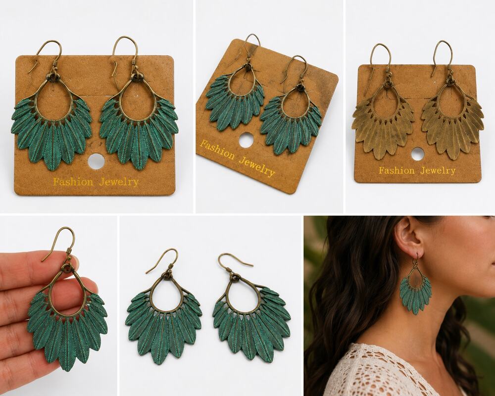 Boho Green Patina Leaf Fan Drop Earrings – Antique Bronze Tone Statement Jewelry